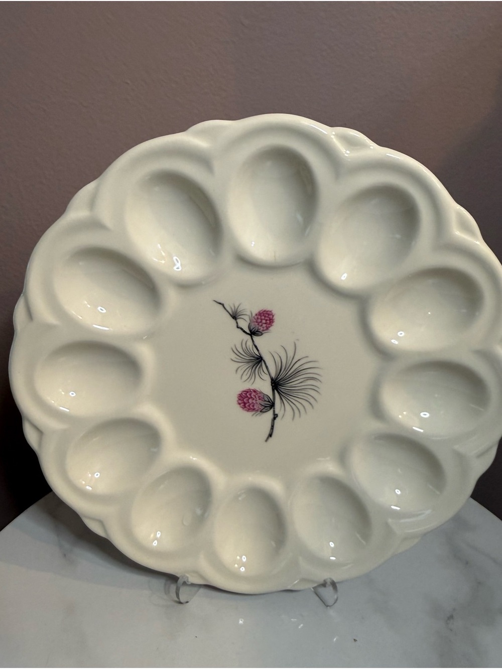 White Ceramic Deviled Egg Platter with Pink Floral Motif